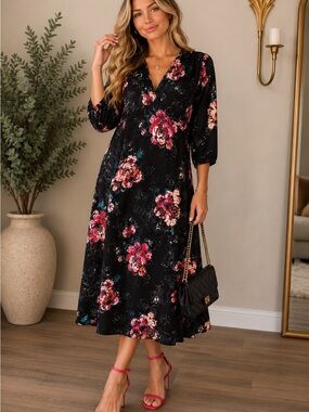 Catherine Malandrino Black Midi Dress w/ All Over Pink / Coral Floral Print